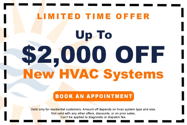 Image of a coupon for up to $2,000 off a new HVAC system. Click here to book an appointment.