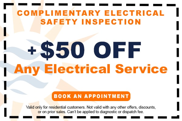 Image of a coupon for a complimentary electrical safety inspection plus $50 off any electrical service. Click here to book an appointment.
