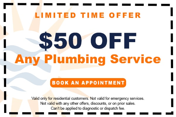 Image of a coupon for $50 off any plumbing service. Click here to book an appointment.