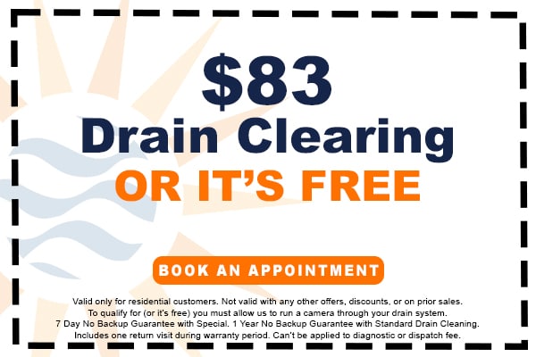 Image of a coupon for $83 drain clearing or it's free. Click here to book an appointment.