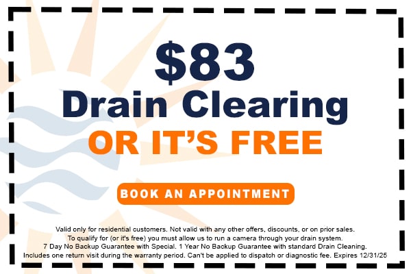 Image of a coupon for an $83 drain clearing offer. Click here to book an appointment.