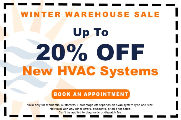 Image of a coupon for a limited time offer for up to 20% off new HVAC systems. Click here to book an appointment.