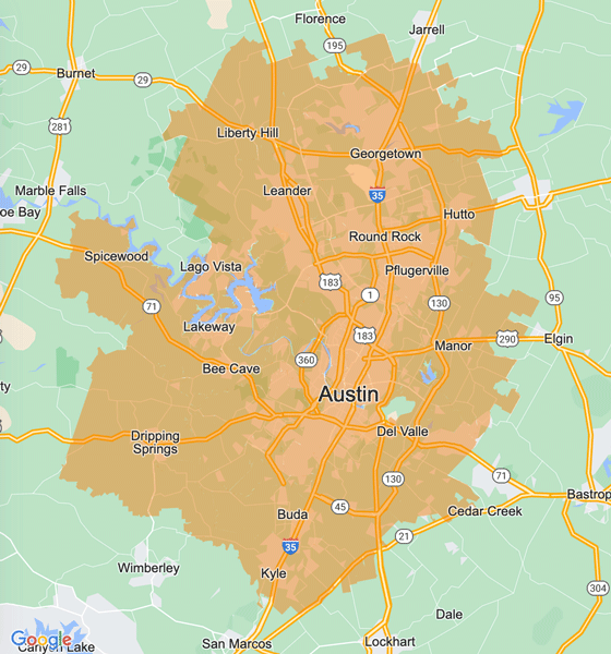 A map showing the area of Austin that Radiant serves