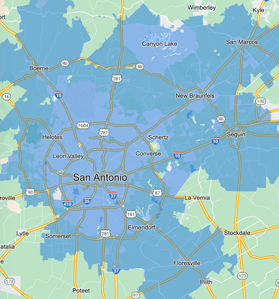 A map showing the area of San Antonio that Radiant serves