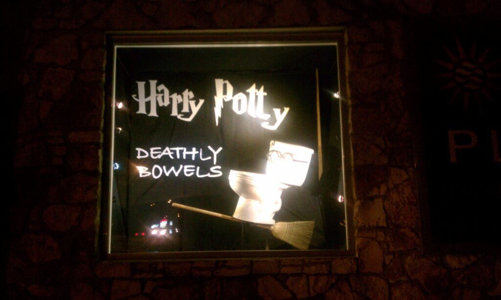 Photo of the "Harry Potty" dedicated toilet display at Radiant's shop in Austin