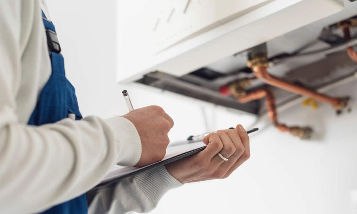 A technician writing a report about a plumbing system