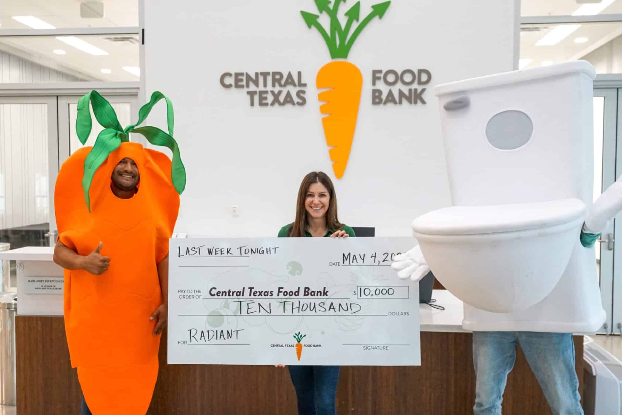 Team Radiant and the Central Texas Food Bank celebrating the $10,000 donation from John Oliver