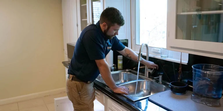 A Radiant Technician checking the water flow from a kitchen faucet