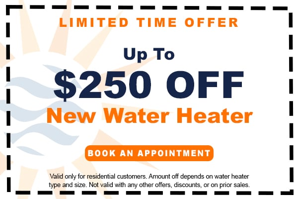 Image of a coupon for up to $250 off a new water heater. Click here to book an appointment.