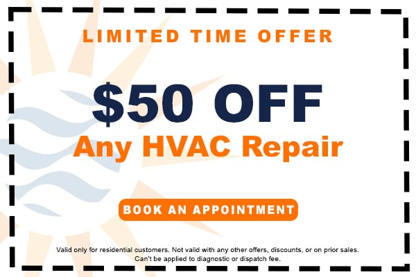 Image of a coupon for $50 off any HVAC system repair. Click here to book an appointment.