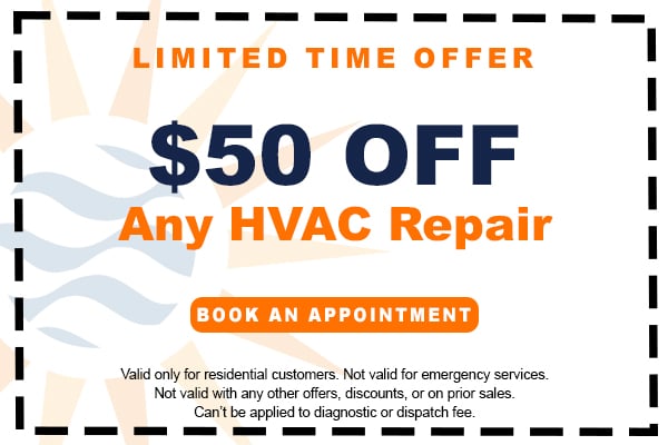 Image of a coupon for $50 off any HVAC system repair. Click here to book an appointment.