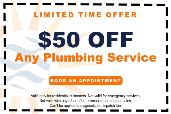 Image of a coupon for $50 off any pluming service. Click here to book an appointment.