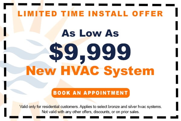 Image of a coupon for a limited time installation offer for new HVAC systems as low as $9,999. Click here to book an appointment.