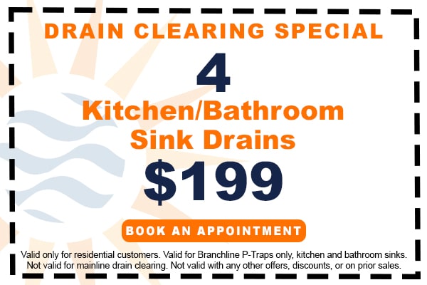 Image of a coupon for a limited time drain clearing special, get four kitchen and/or bathroom sink drains cleared for $199. Click here to book an appointment.