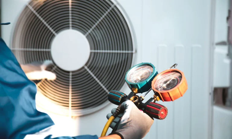 an HVAC technician preparing to test the pressure of an AC unit