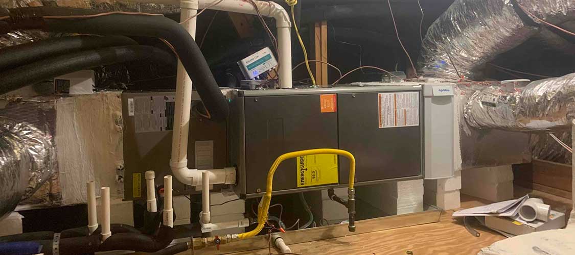 Horizontal HVAC system setup in attic with gas line and return plenum connections