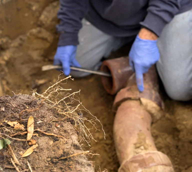 Up close image of a person pulling tree roots from a clogged sewer line