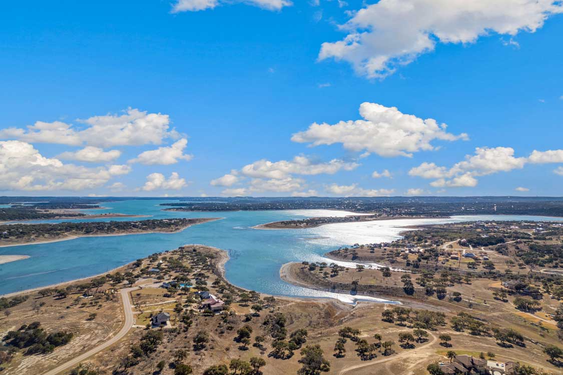 An aerial photograph of Canyon Lake in the Texas Hill Country