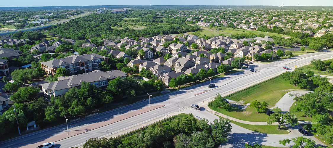 An aerial photo showing a typical neighborhood found near Cedar Park, TX