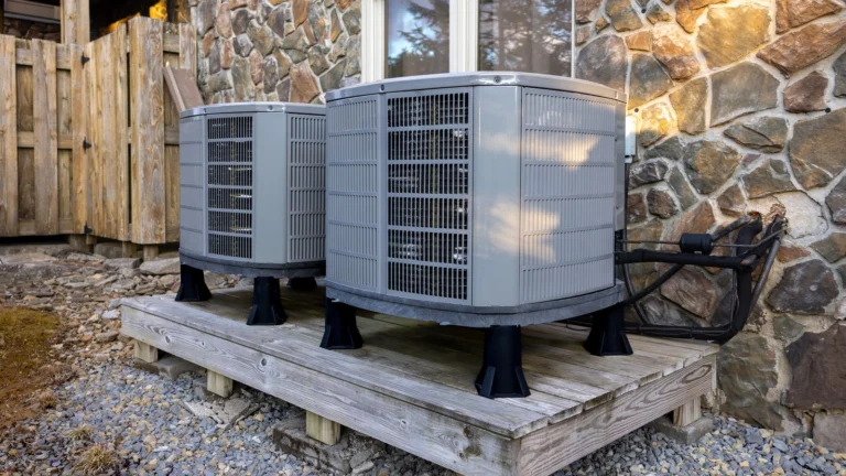 Dual AC units on a cement slab outside a stone home