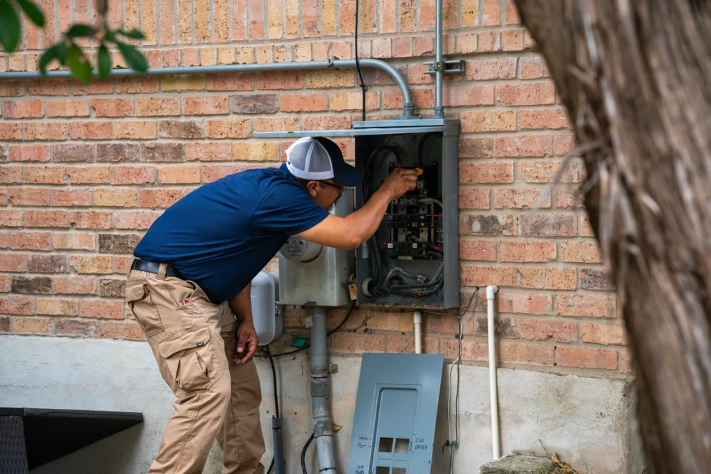 Radiant electrician checking the panel before adding a new outlet circuit in an Austin home