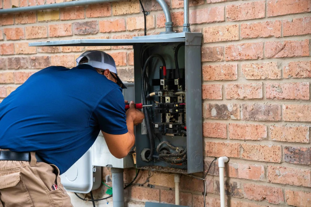 Radiant electrician checking circuit capacity in a panel before a lighting installation