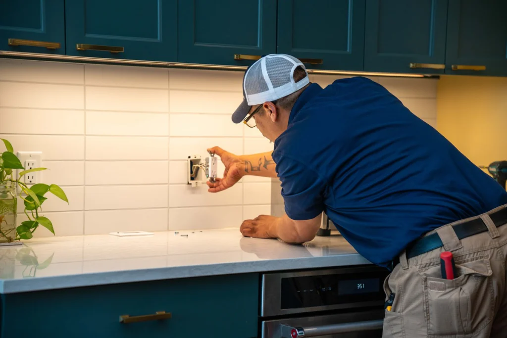 Radiant electrician wiring a wall control for a ceiling fan and light in an Austin kitchen