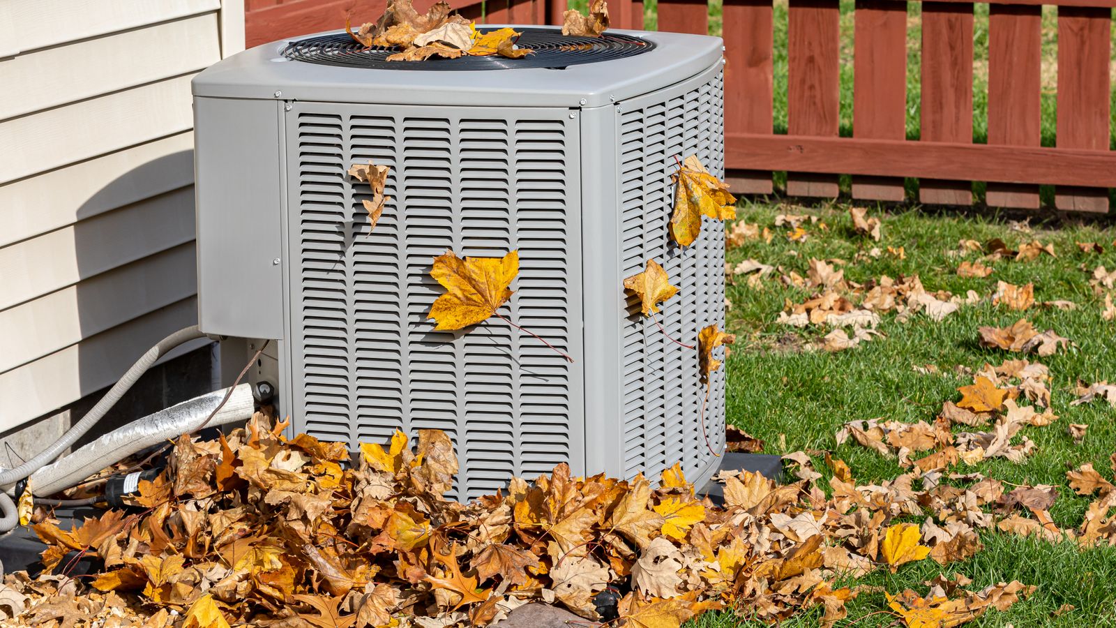 Leaves piled on an air conditioner unit