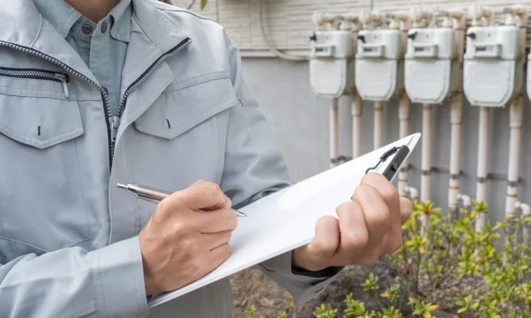 A person taking notes about gas lines with meters in the background