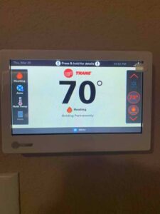 Trane smart thermostat installed and set to heating mode San Marcos