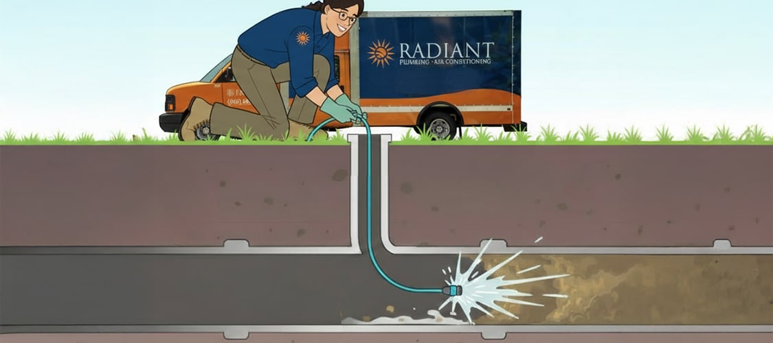 An illustration of a Radiant plumber using a hydrojet hose to clear a sewer line