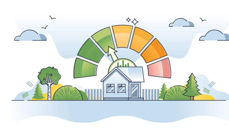 An illustration of a green-to-red scale above a home where the arrow points closer to green to highlight efficiency