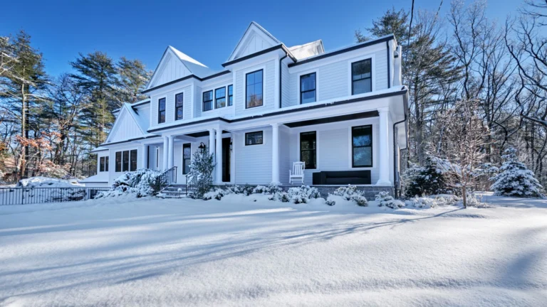 modern single family home covered in snow