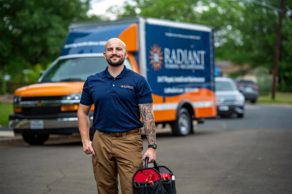 Radiant technician carrying a tool bag to a fall furnace tune-up at an Austin home