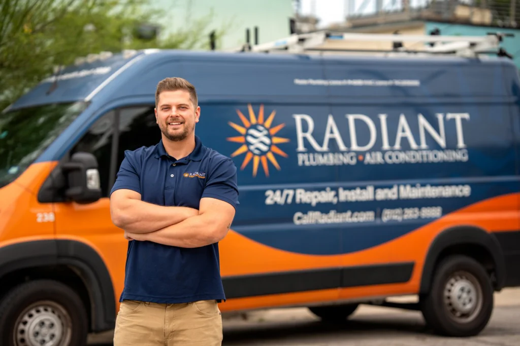 Radiant technician ready to install a replacement water heater