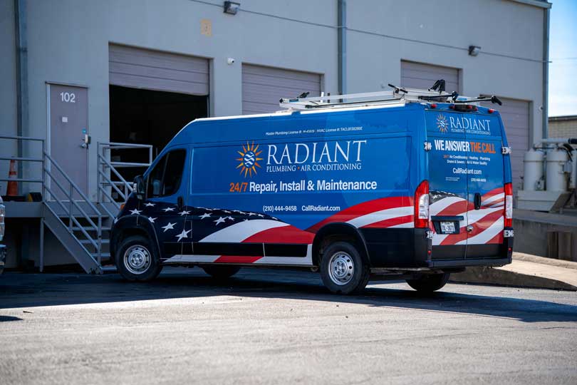 The Radiant Plumbing & Air Conditioning truck parked at the shop in San Antonio