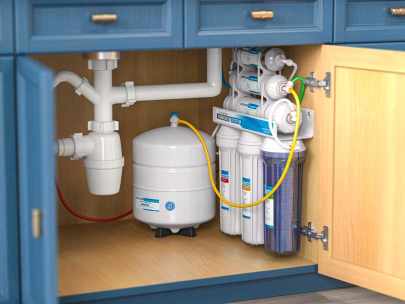 An RO system installed under a kitchen sink