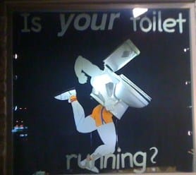 Photo of the dedicated toilet display at Radiant's shop in Austin showing a funny "Is your toilet running" message